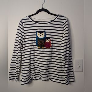 Talbots Navy and White Striped Women's Shirt with Owl Design Applique